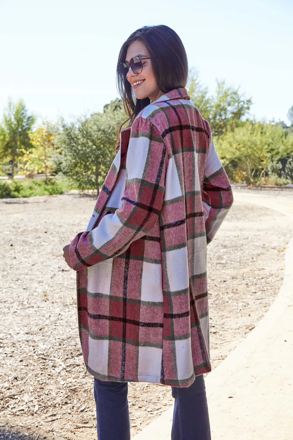 Double Take Full Size Plaid Button Up Lapel Collar Coat - Lilixa.store