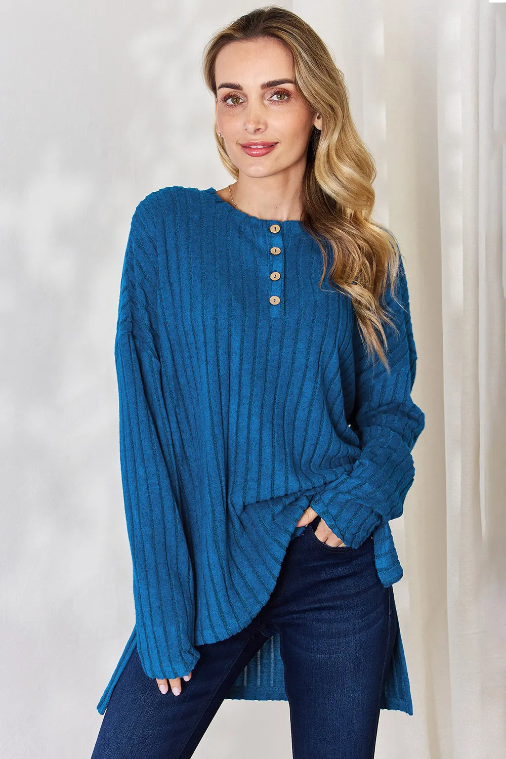Basic Bae Full Size Ribbed Half Button Long Sleeve High-Low T-Shirt - Lilixa.store