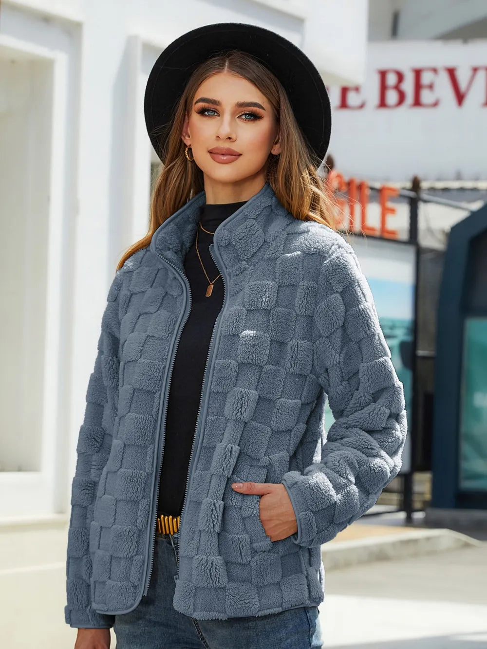 Fuzzy Checkered Zip Up Jacket in Deep Teal