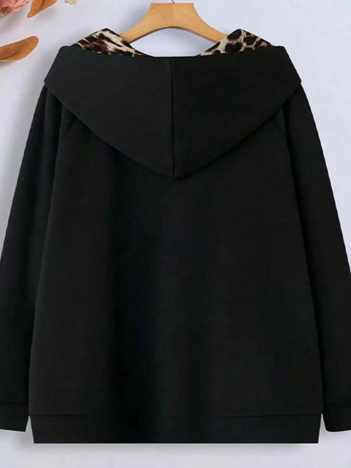 Hooded Leopard Lined Zip-Up Outerwear in Black, view 2