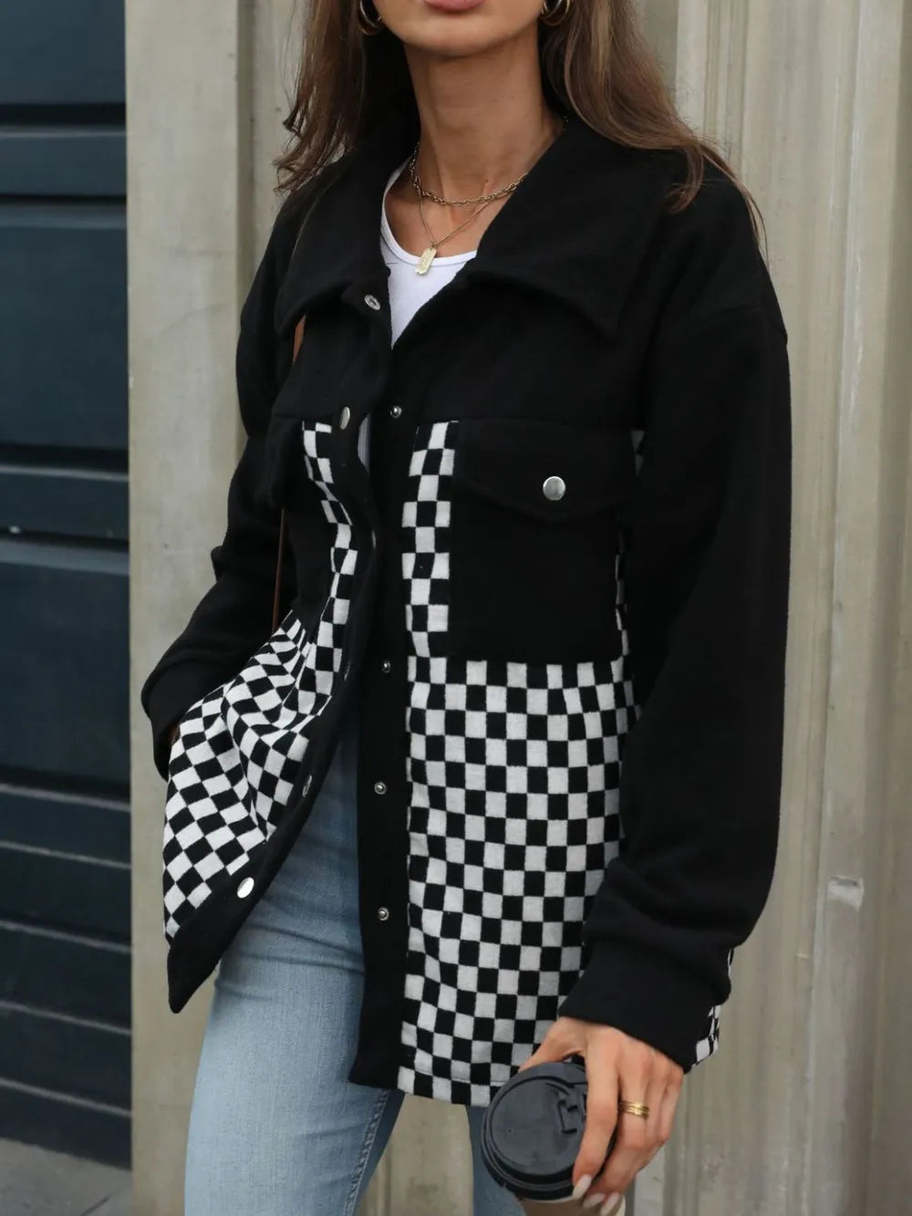 Checkered Snap Down Long Sleeve Jacket - Lilixa.store