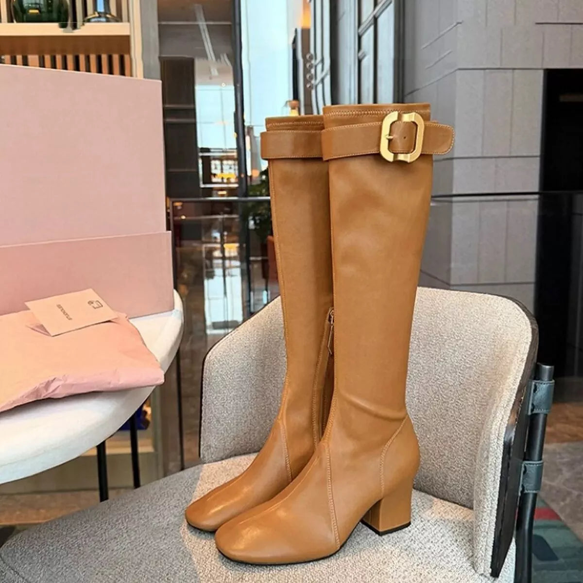 Square Toe Block Heels Boots in Caramel