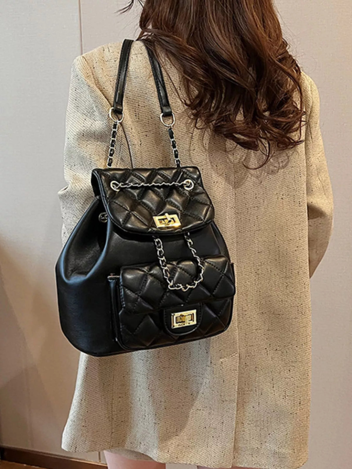 Quilted Chain Decor Backpack Bag - Lilixa.store