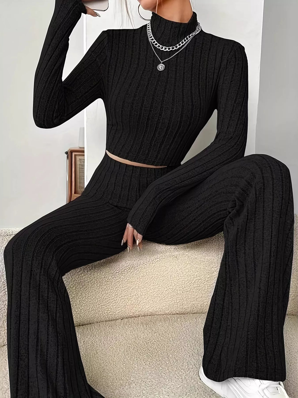 Ribbed Turtleneck Crop Top and Flare Pants Sweater Set - Lilixa.store