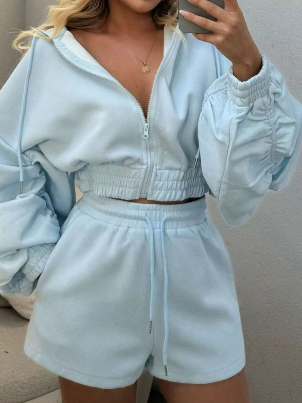 Zip-Up Jacket and High-Waisted Drawstring Shorts Set - Lilixa.store