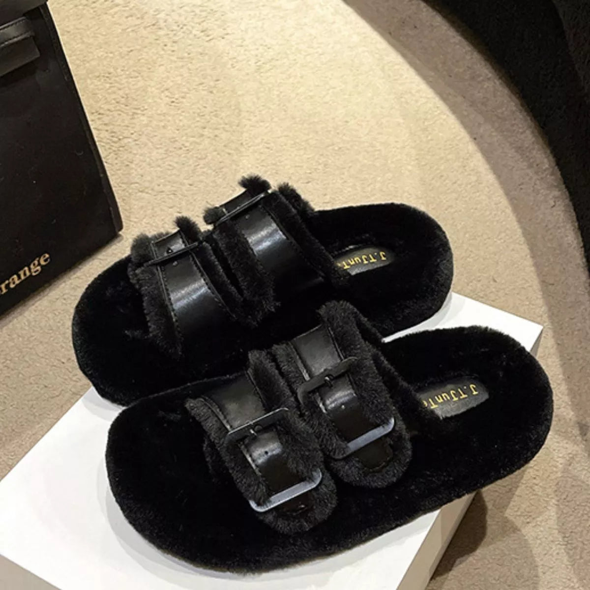 Fuzzy Buckle Detail Slippers - Lilixa.store