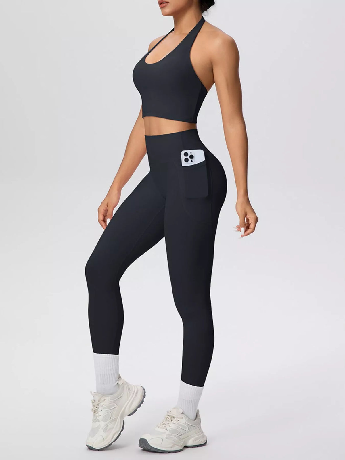Halter Neck Crop Top and High-Waisted Leggings Active Set in Black