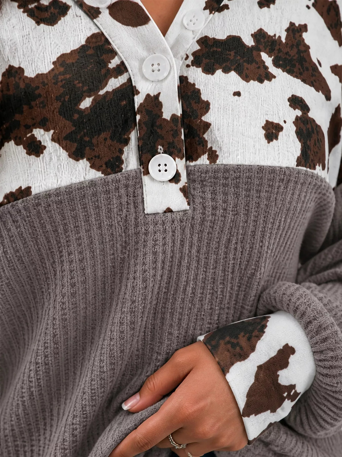Cow Print Color Block Waffle Knit Blouse - Lilixa.store