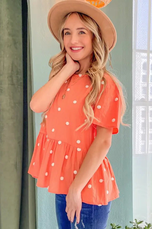 And The Why Pom Pom Polka Dots Short Sleeve Top in Coral, view 5