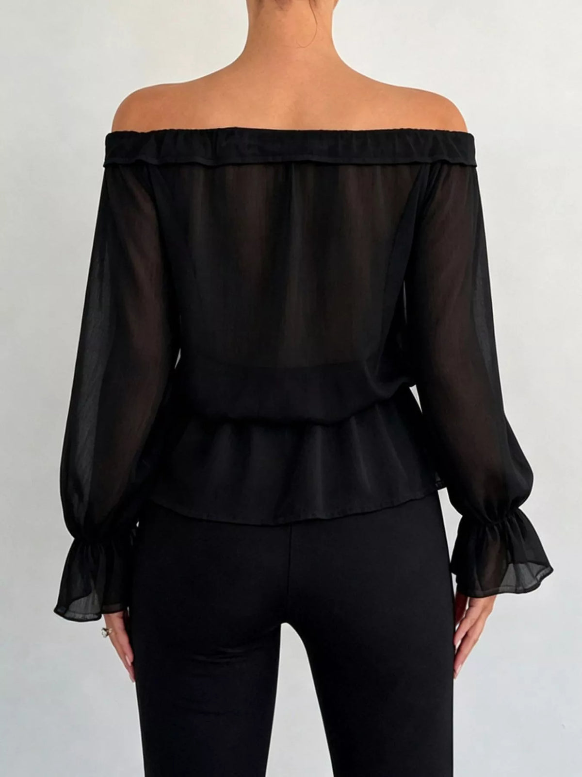Off-Shoulder Flounce Sleeve Chiffon Blouse - Lilixa.store