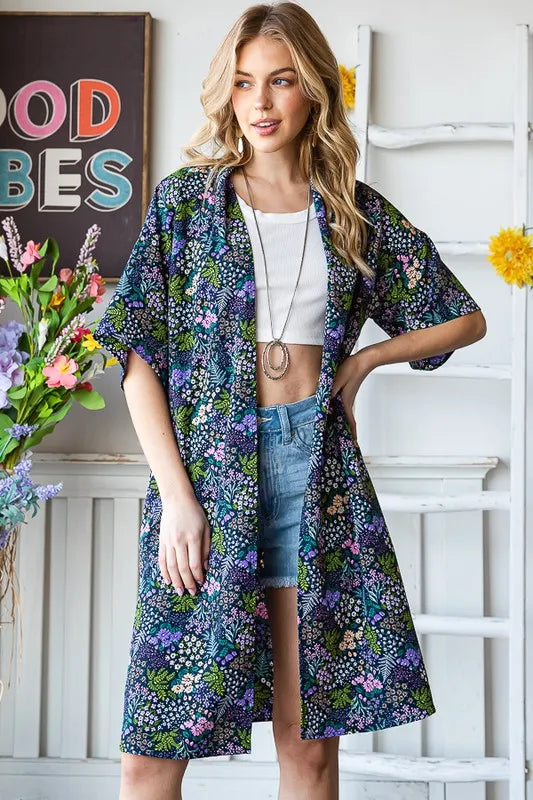 Heimish Full Size Half Sleeve Floral Open Cardigan Plus Size in Navy, view 5