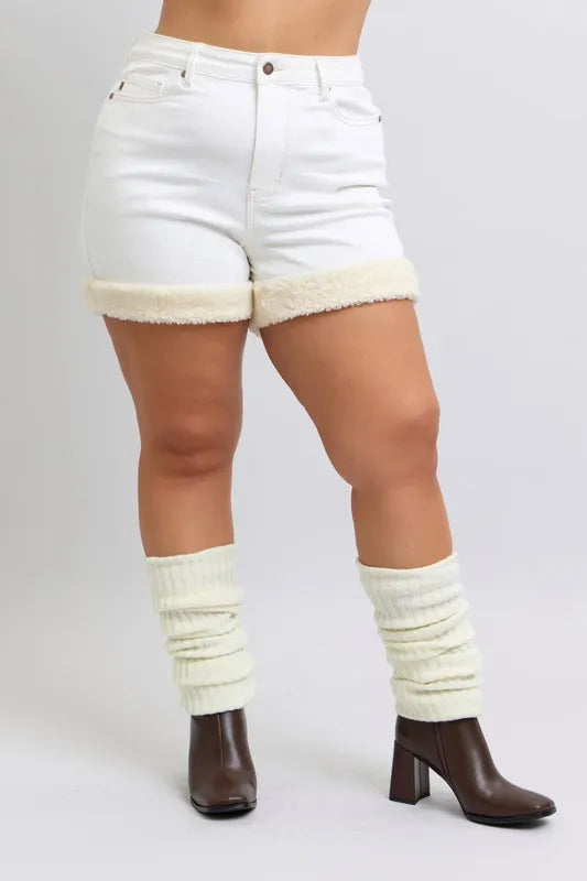 Judy Blue Full Size High Waist Shearling Cuff Denim Shorts Plus Size - Lilixa.store