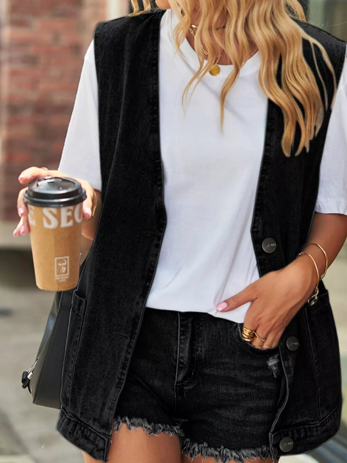 Sleeveless Button-Down Denim Jacket Vest, view 8