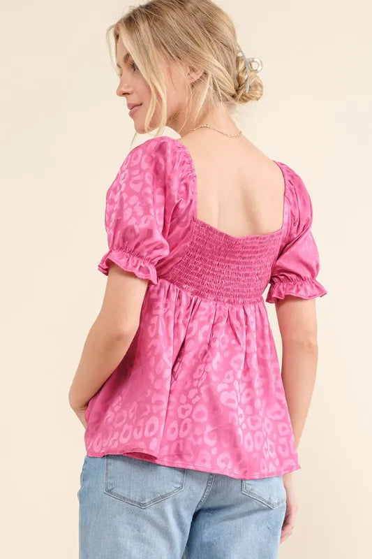 And The Why Satin Leopard V Wired Puff Sleeves Blouse