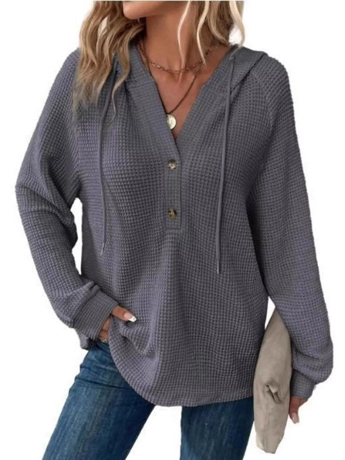 Full Size Waffle Knit Half-Button Hoodie Plus Size - Lilixa.store