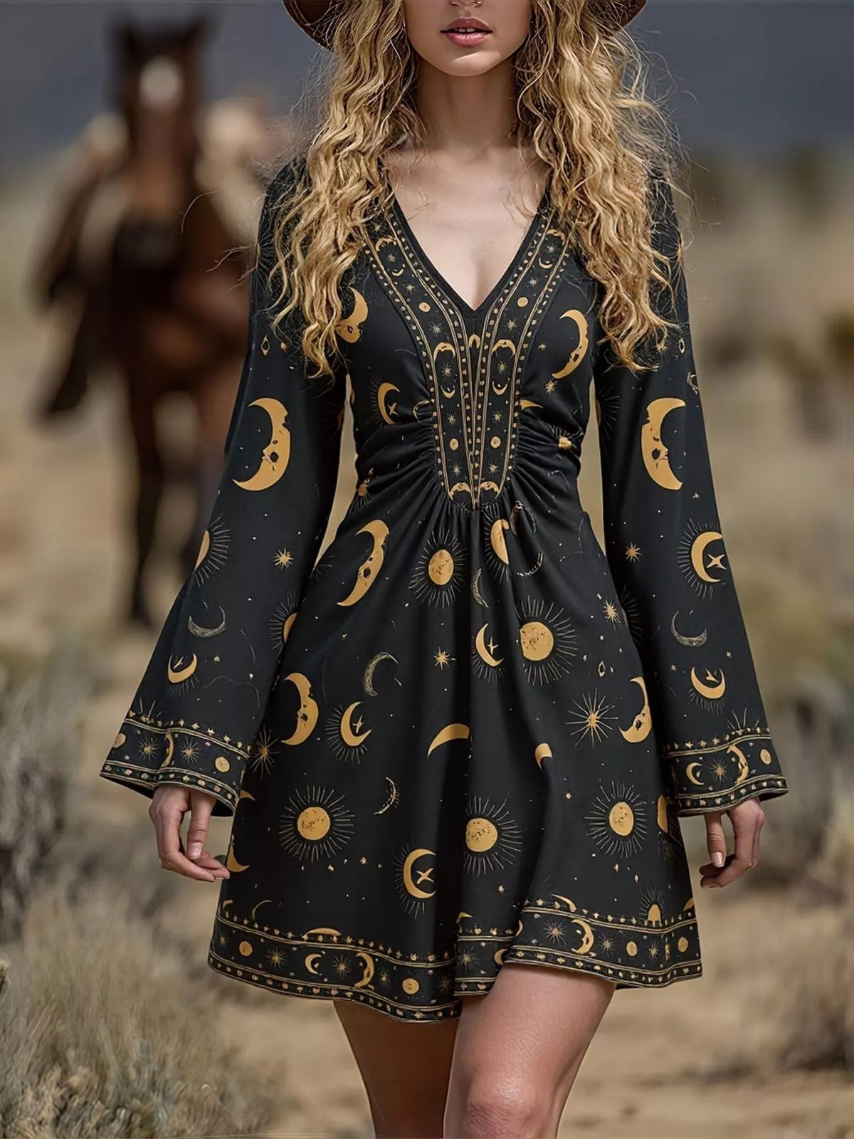Printed V-Neck Flare Sleeve Dress
