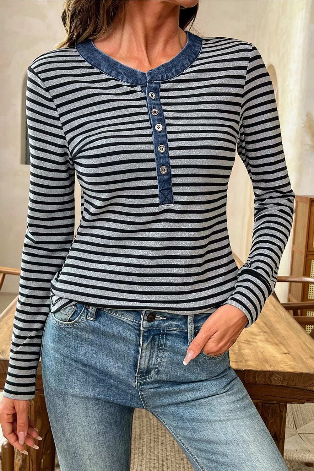Stripe Denim Contrast Collar Half Button Long Sleeve Top - Lilixa.store