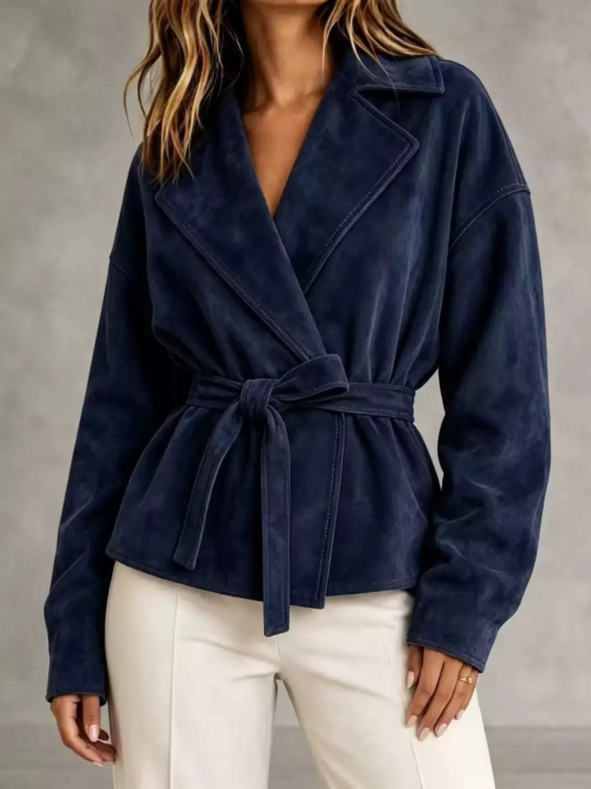 Tie-Waist Lapel Collar Jacket in Blue