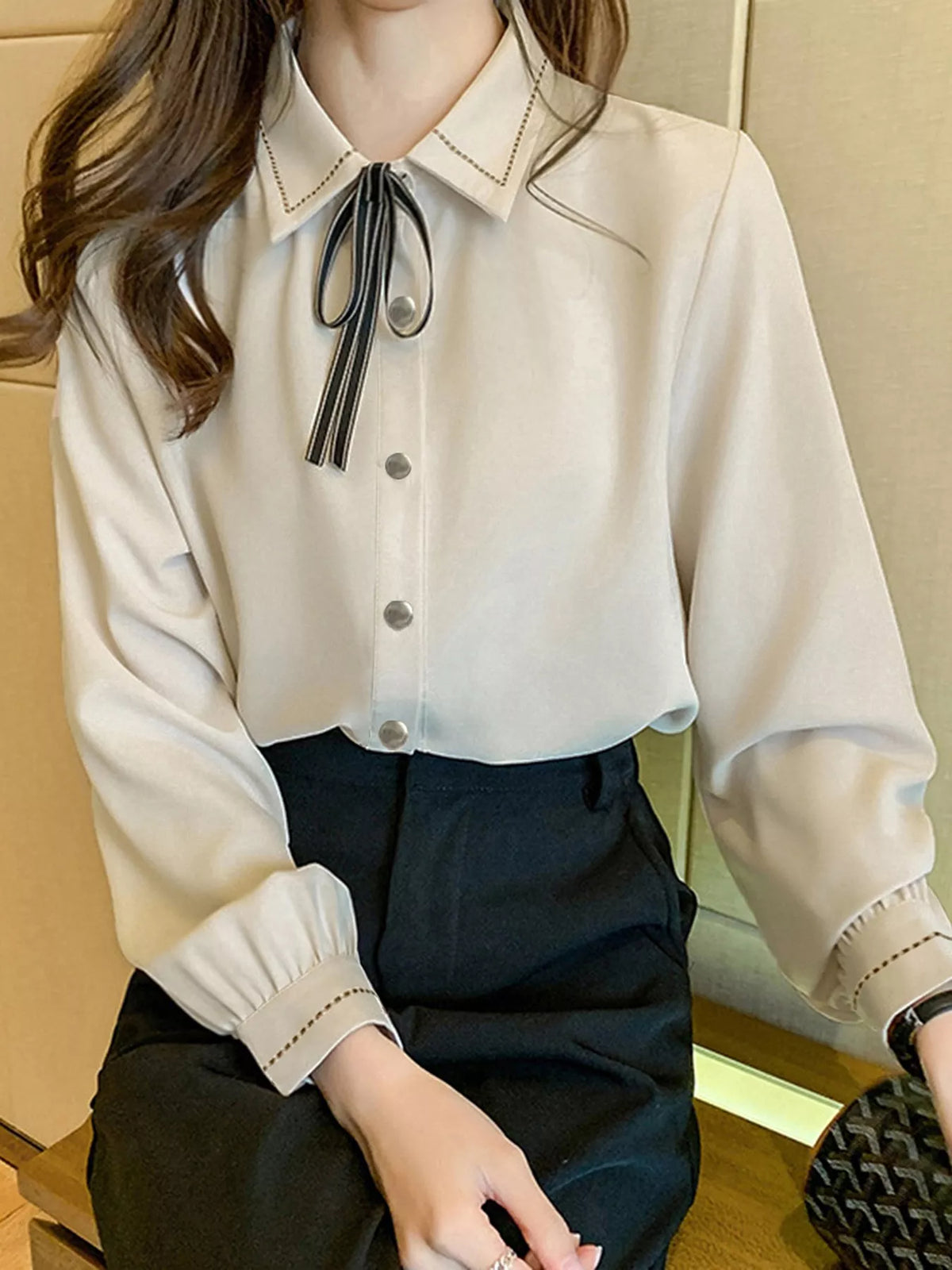Bow Tie Long-Sleeve Shirt - Lilixa.store