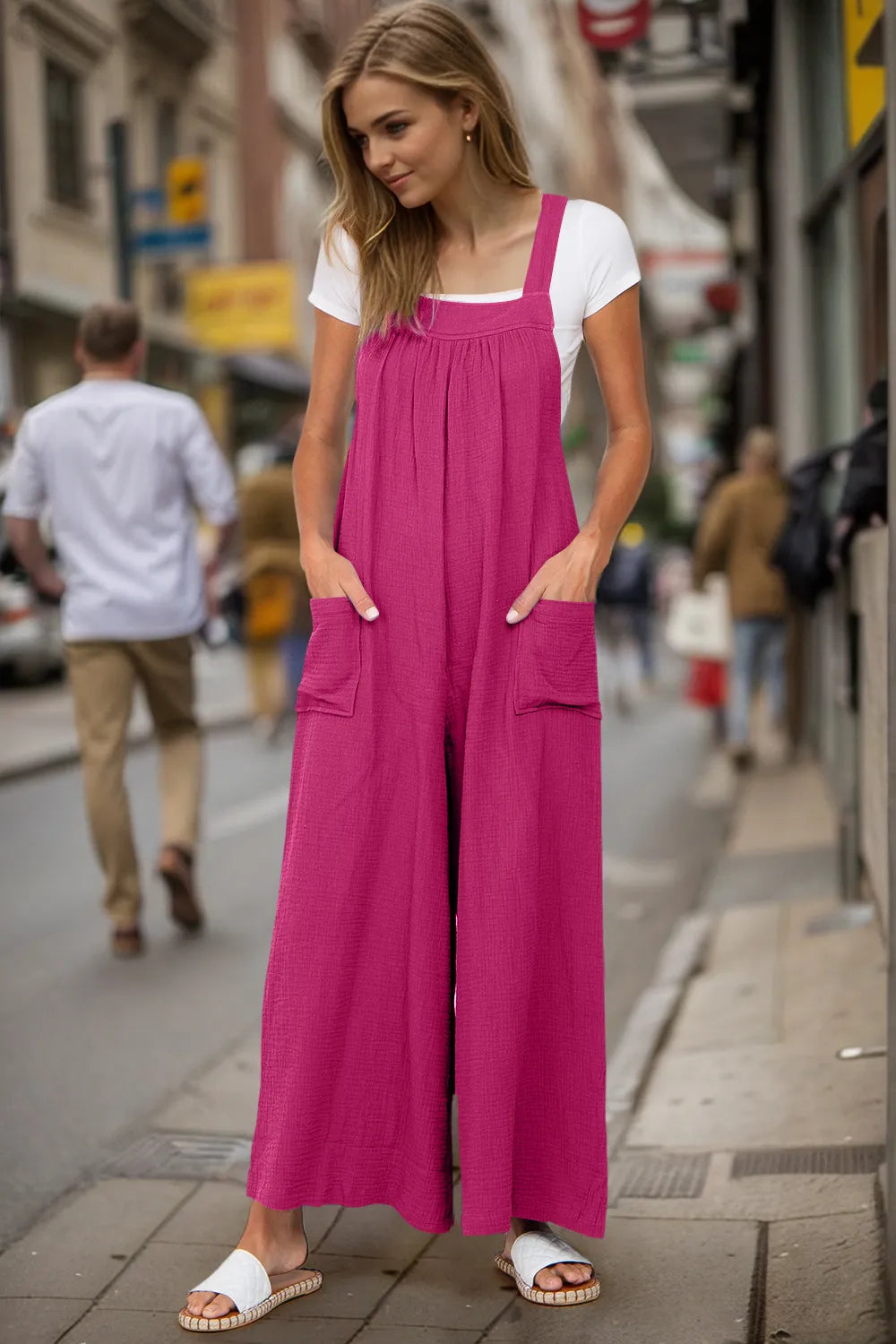 Double Take Full Size Wide Leg Overalls with Pockets in Hot Pink