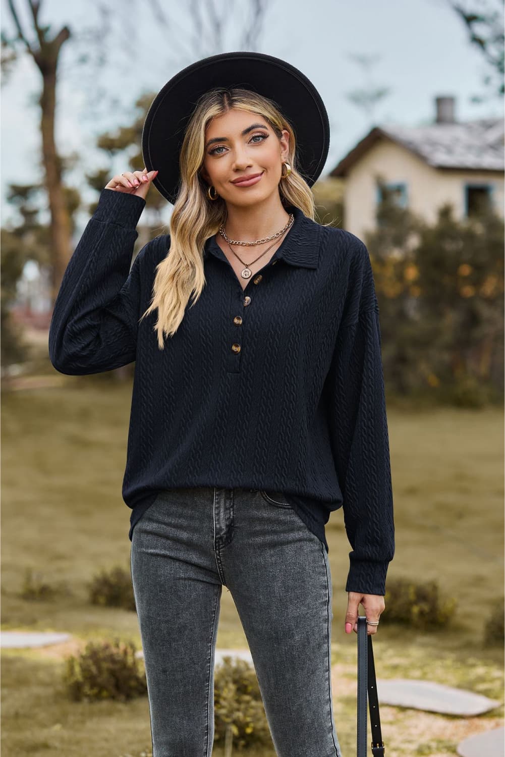Collared Neck Long Sleeve Blouse in Dark Blue