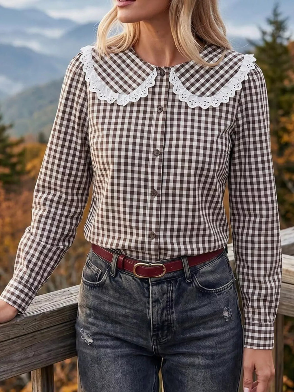Lace Peter Pan Collar Button Up Shirt in Coffee Brown