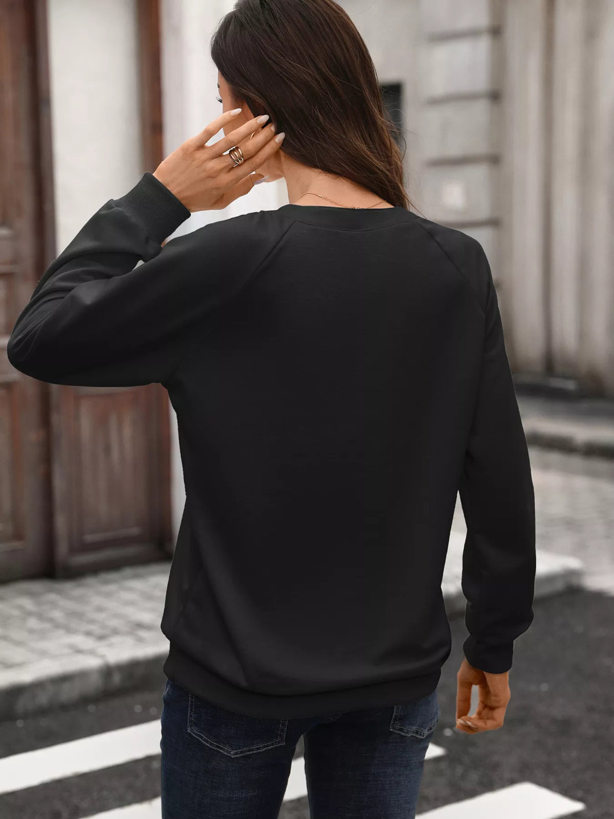 Notched Raglan Sleeve Sweatshirt - Lilixa.store