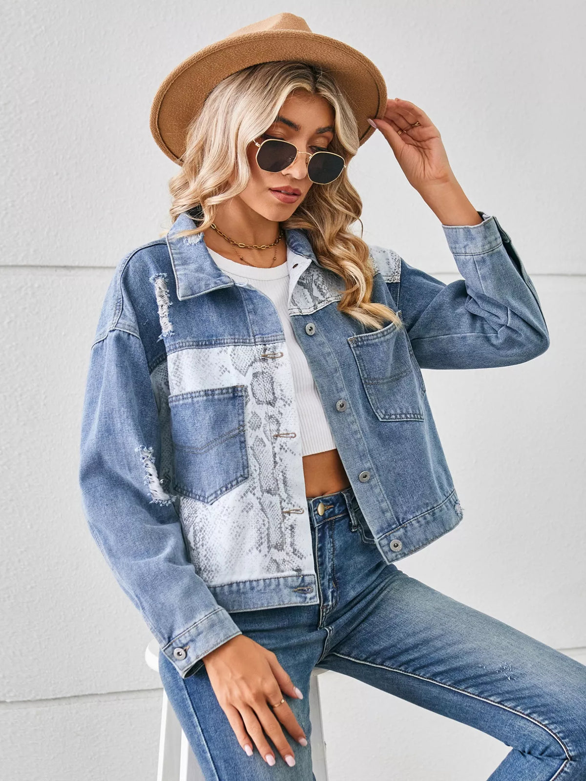 Snake Print Button Up Denim Jacket - Lilixa.store