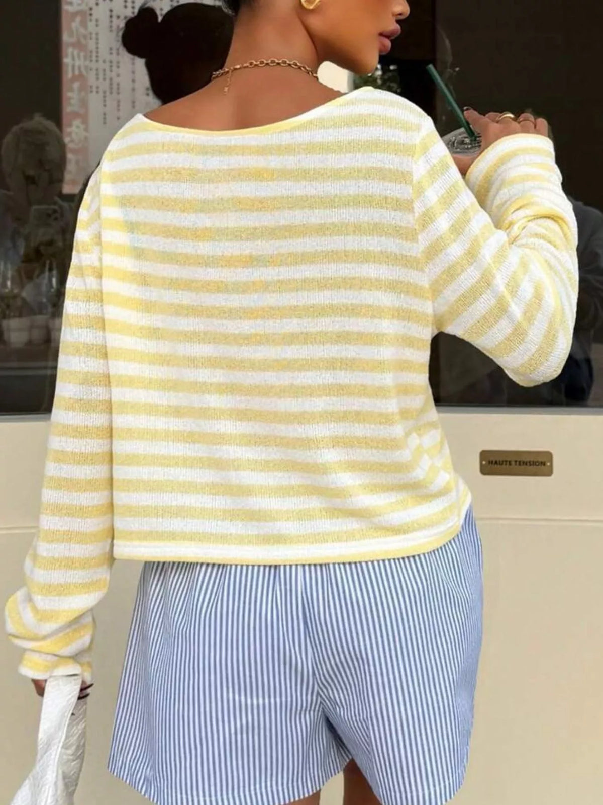 Boat Neck Striped Long Sleeve T-Shirt