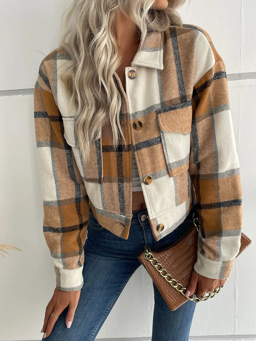 Perfee Plaid Button Up Drop Shoulder Cropped Jacket in Khaki