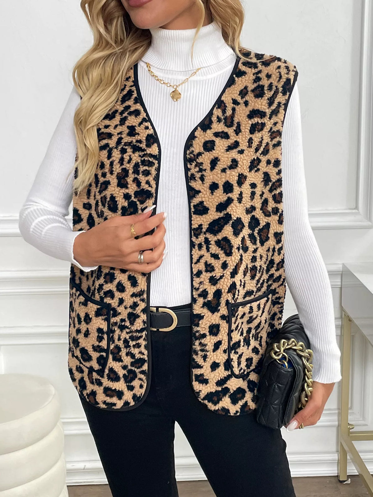 Leopard Fleece Vest Coat with Pockets in Coffee Brown, view 3