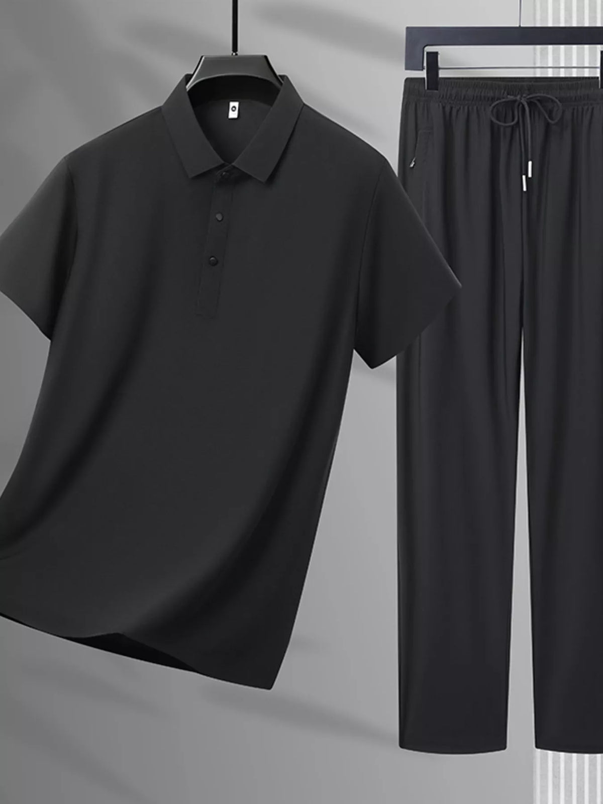 Men's Plus Size Button Detail Polo and Pants Set in Black