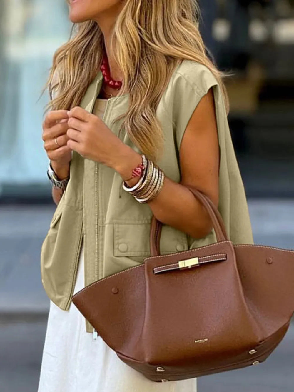 Ruched Hem Zip Up Vest in Khaki