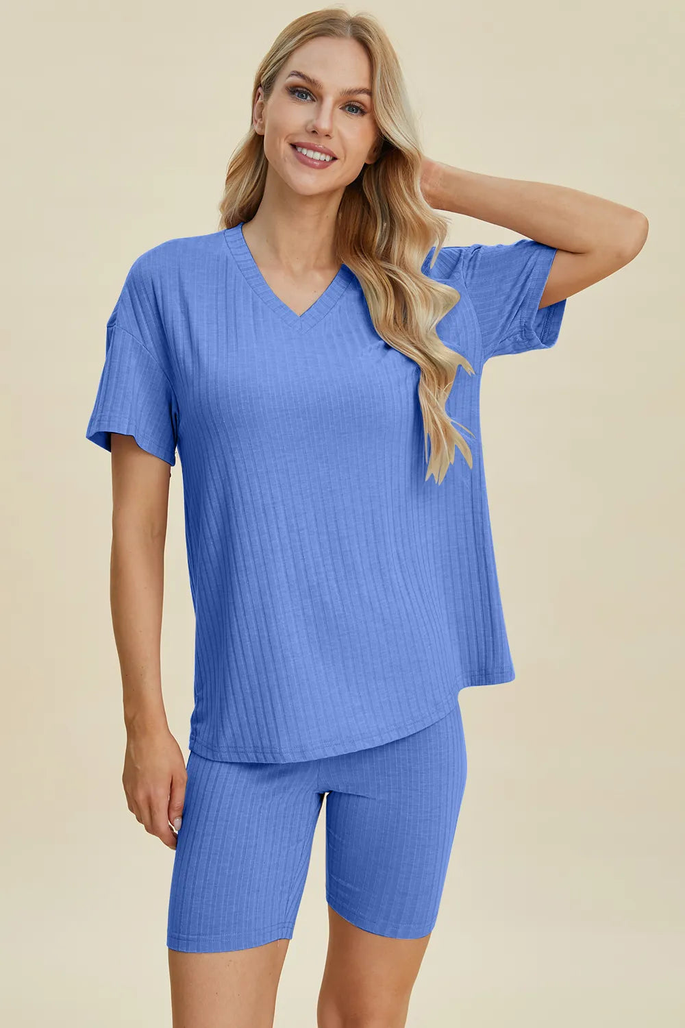 Basic Bae Full Size Ribbed V-Neck Short Sleeve Top and Shorts Set - Lilixa.store