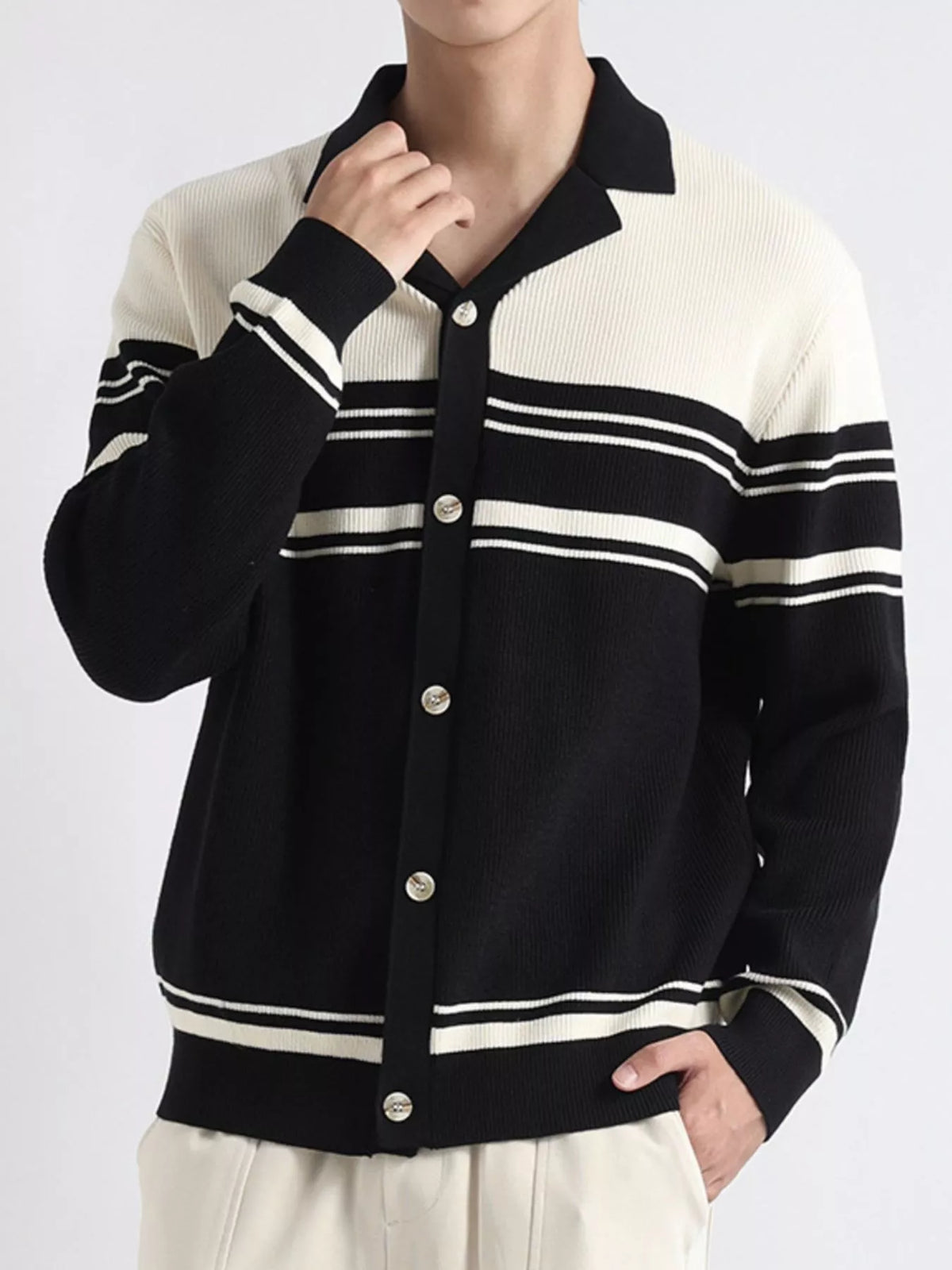 Men's Plus Size Contrast Striped Button-Down Cardigan - Lilixa.store