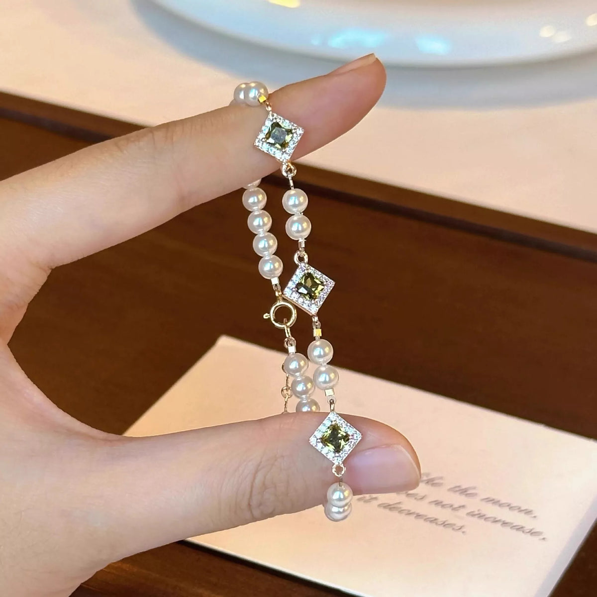 Pearl Zircon Chain Geometric Bracelet in Gold, view 3
