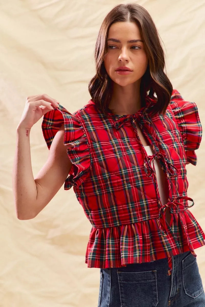 SO ME Christmas Holiday Plaid Ruffled Quilt Vest Top - Lilixa.store