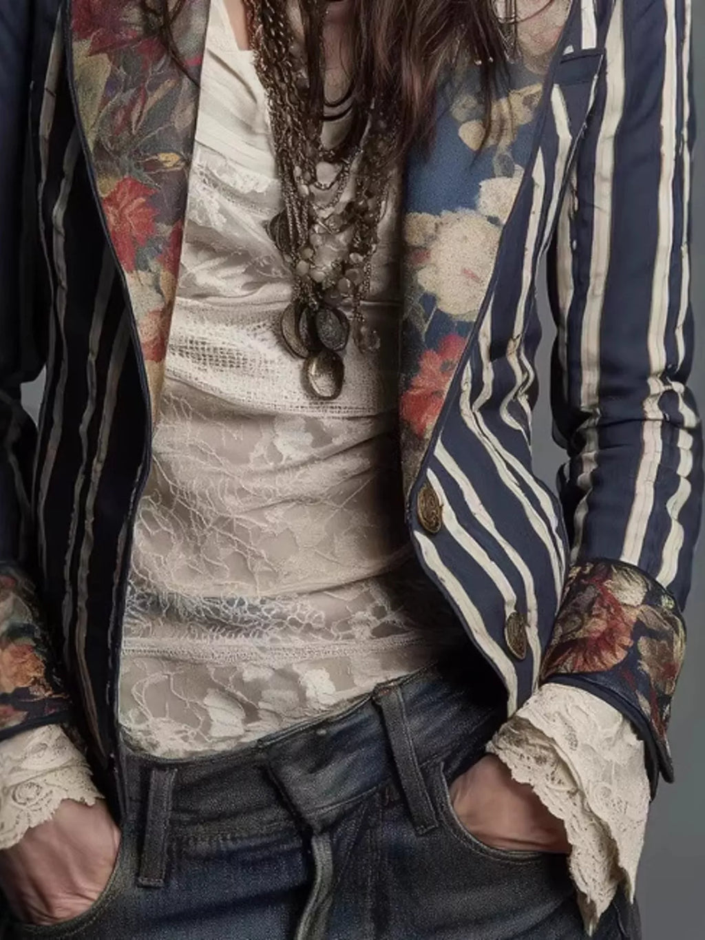 Striped Floral Contrast Slim Fit Blazer - Lilixa.store
