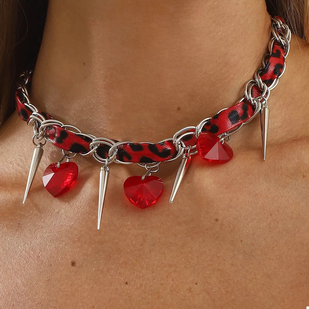 Heart Charm Choker Necklace with Metal Spikes - Lilixa.store
