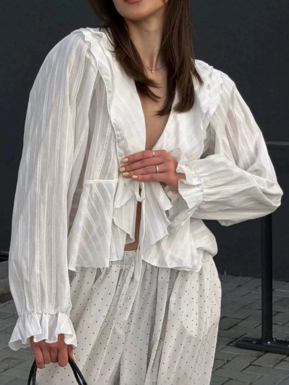 Ruffled Striped Flounce Sleeve Blouse in White, view 6
