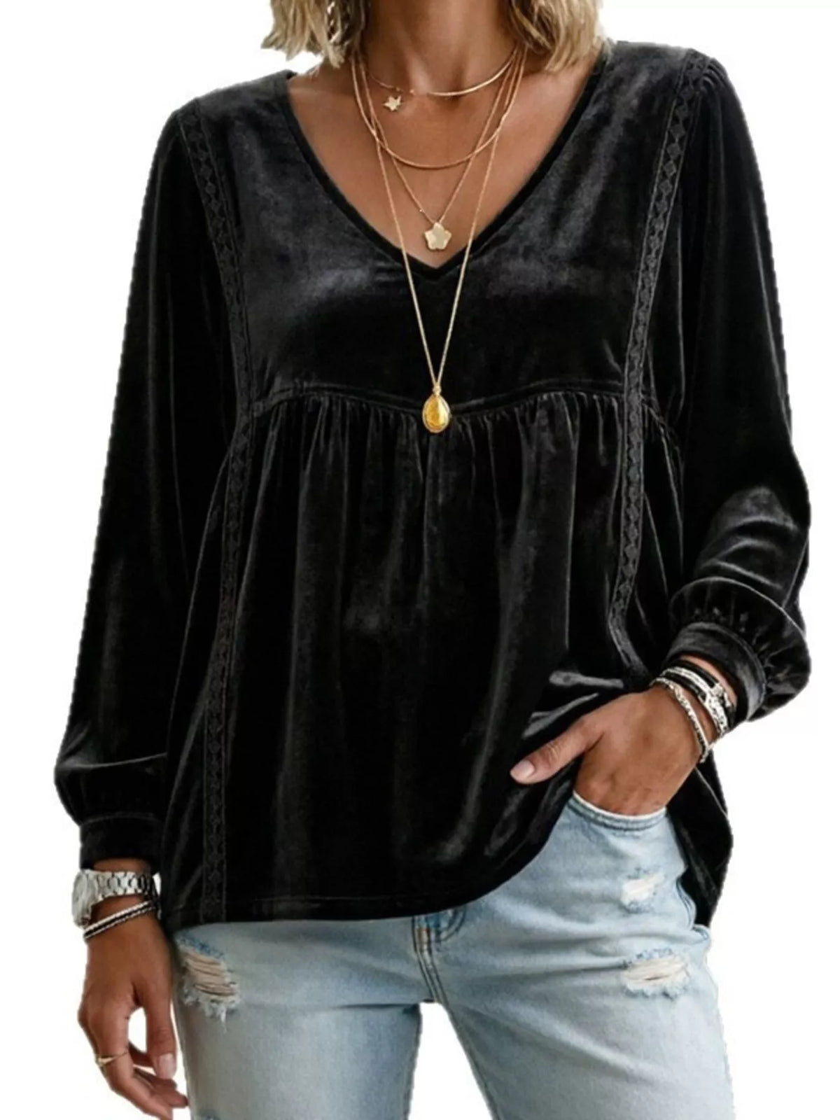 Full Size V-Neck Long Sleeve Velvet Blouse with Lace Trim Plus Size - Lilixa.store