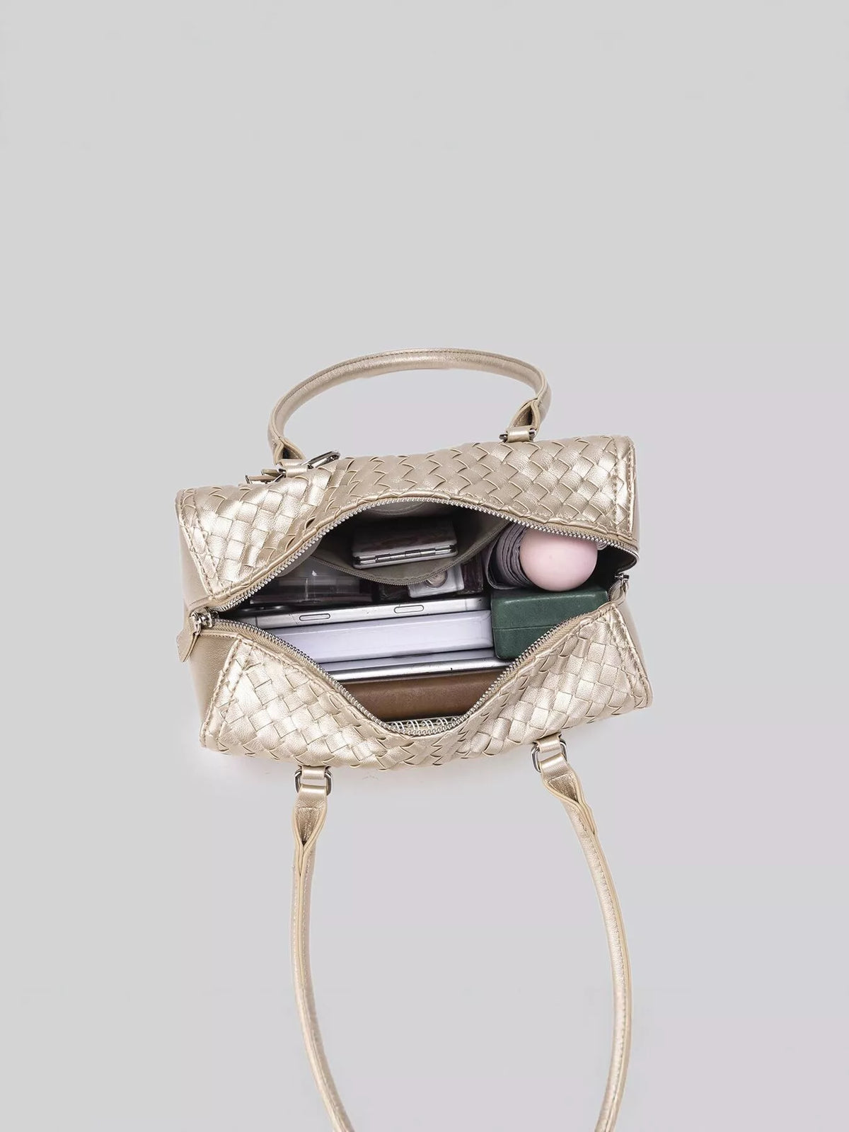 Metallic Woven Texture Shoulder Bag with Star Charm in Champagne, view 11