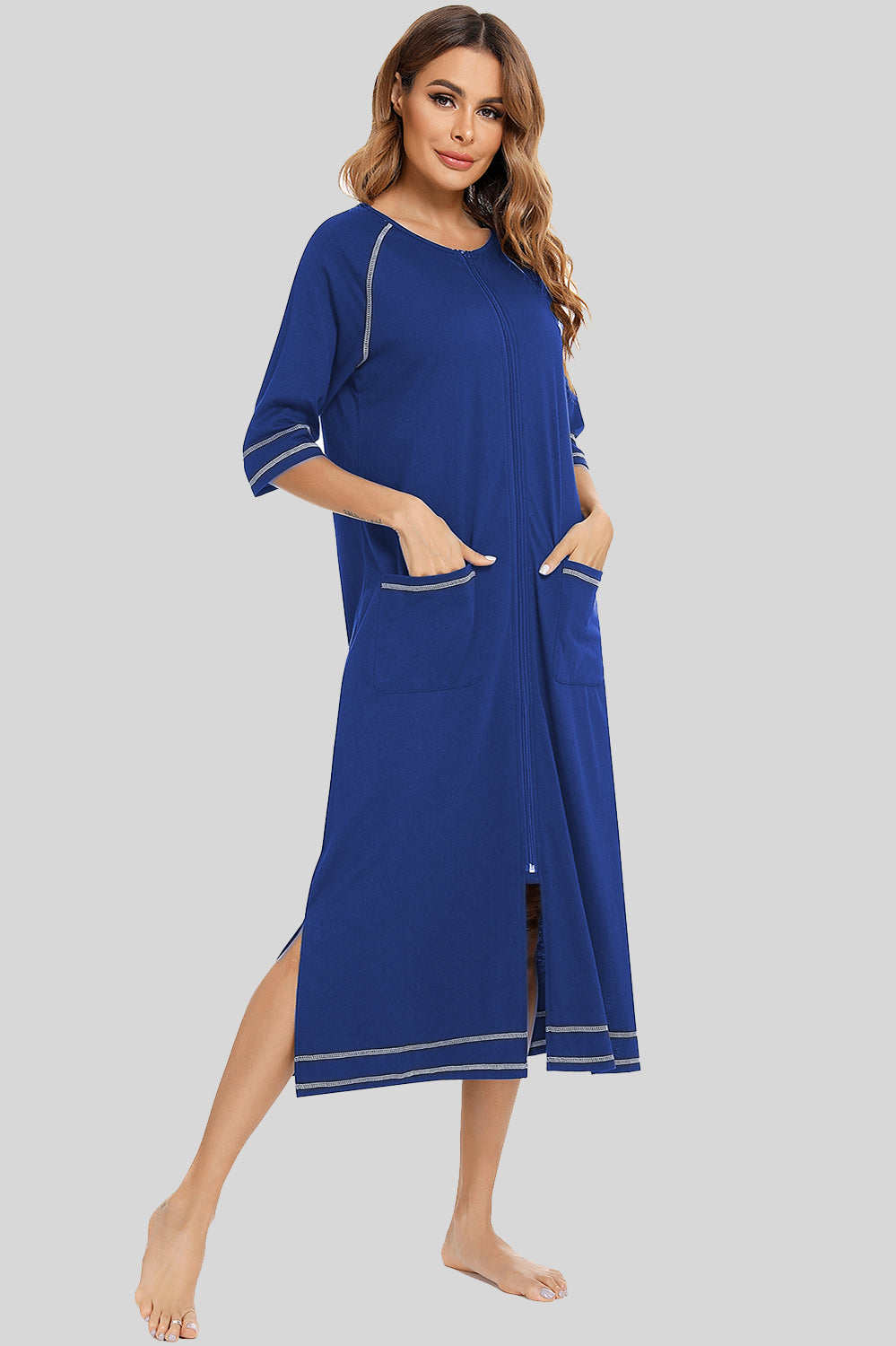 Zip Up Slit Round Neck Night Dress with Pockets - Lilixa.store