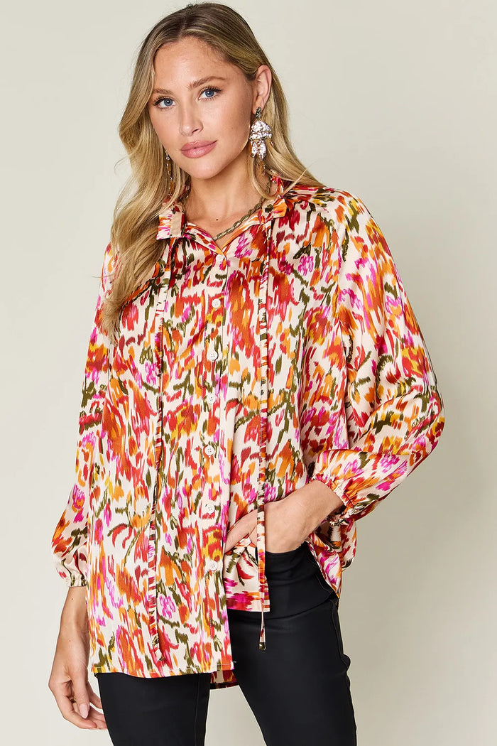 Double Take Full Size Printed Button Up Long Sleeve Shirt - Lilixa.store