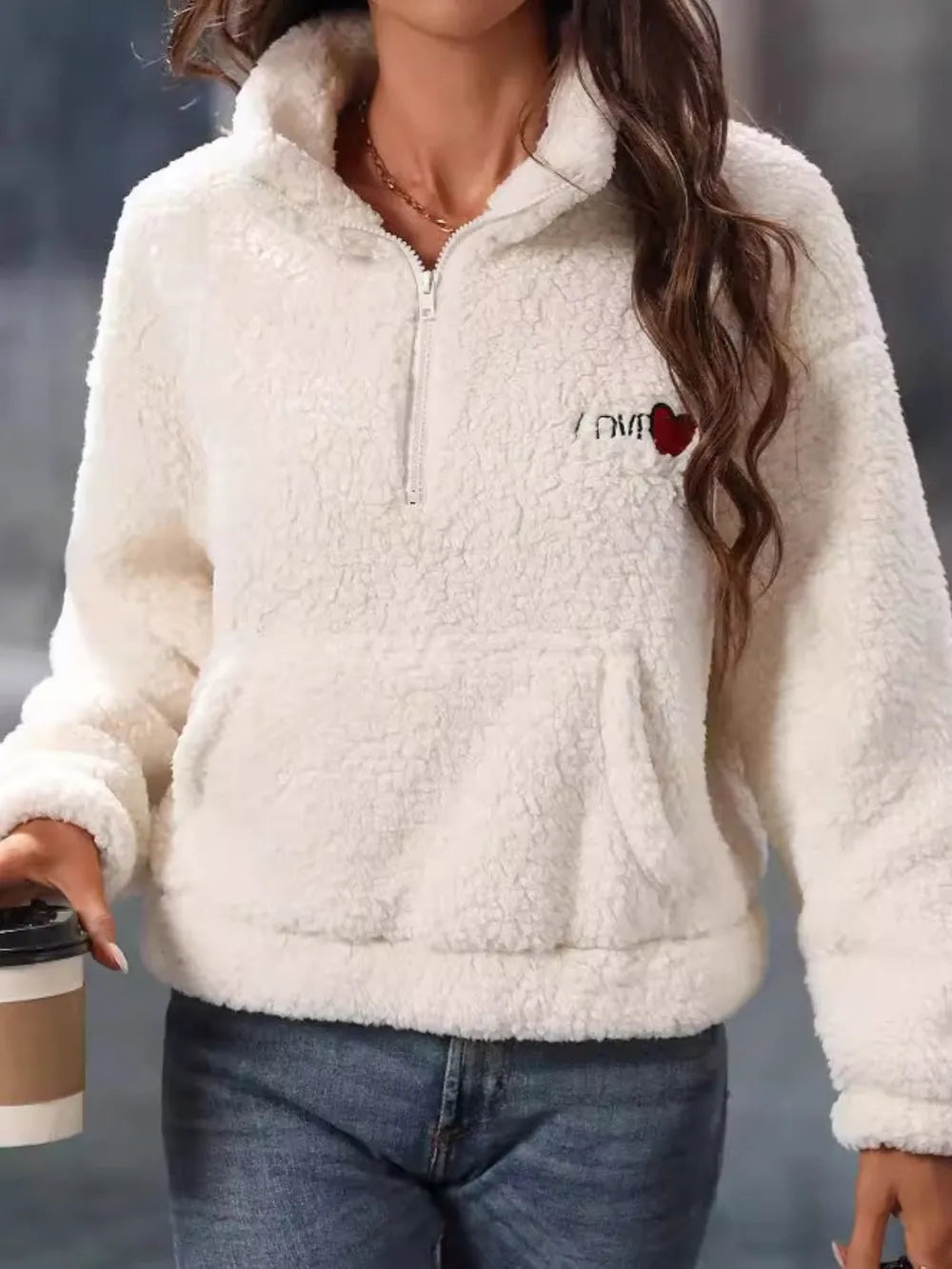 Heart Half Zip Long Sleeve Teddy Sweatshirt - Lilixa.store