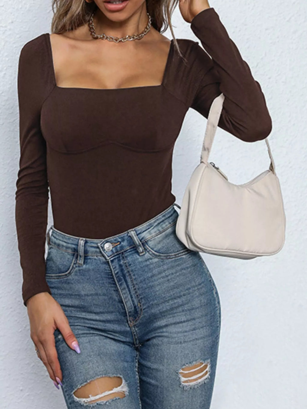Square Neck Long Sleeve Bodysuit - Lilixa.store