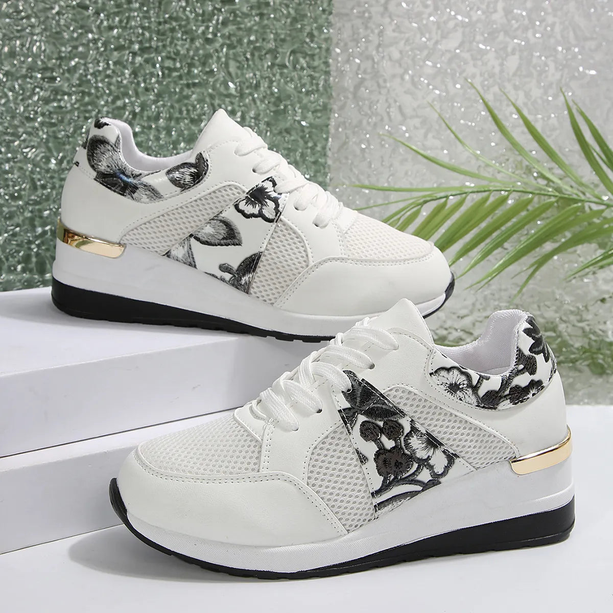 Floral Mesh Wedge Athletic - Lilixa.store