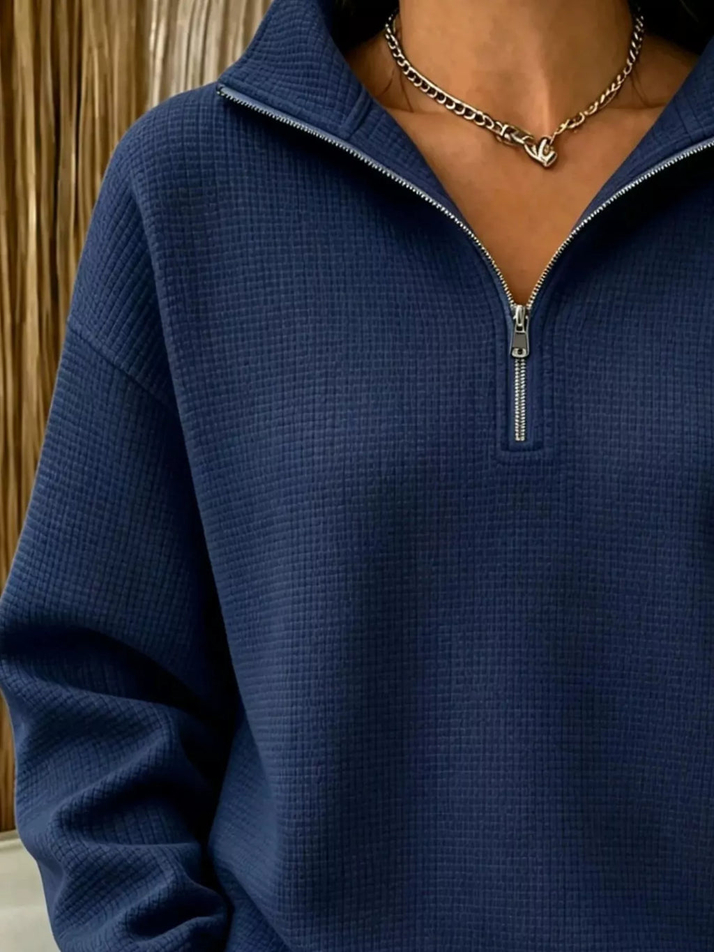 Full Size Waffle Knit Quarter-Zip Sweatshirt Plus Size - Lilixa.store