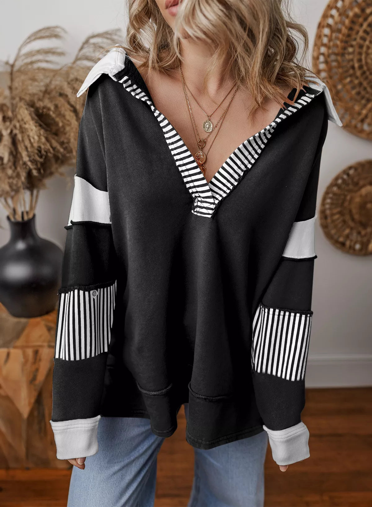 Color Block Striped Johnny Collar Sweatshirt - Lilixa.store