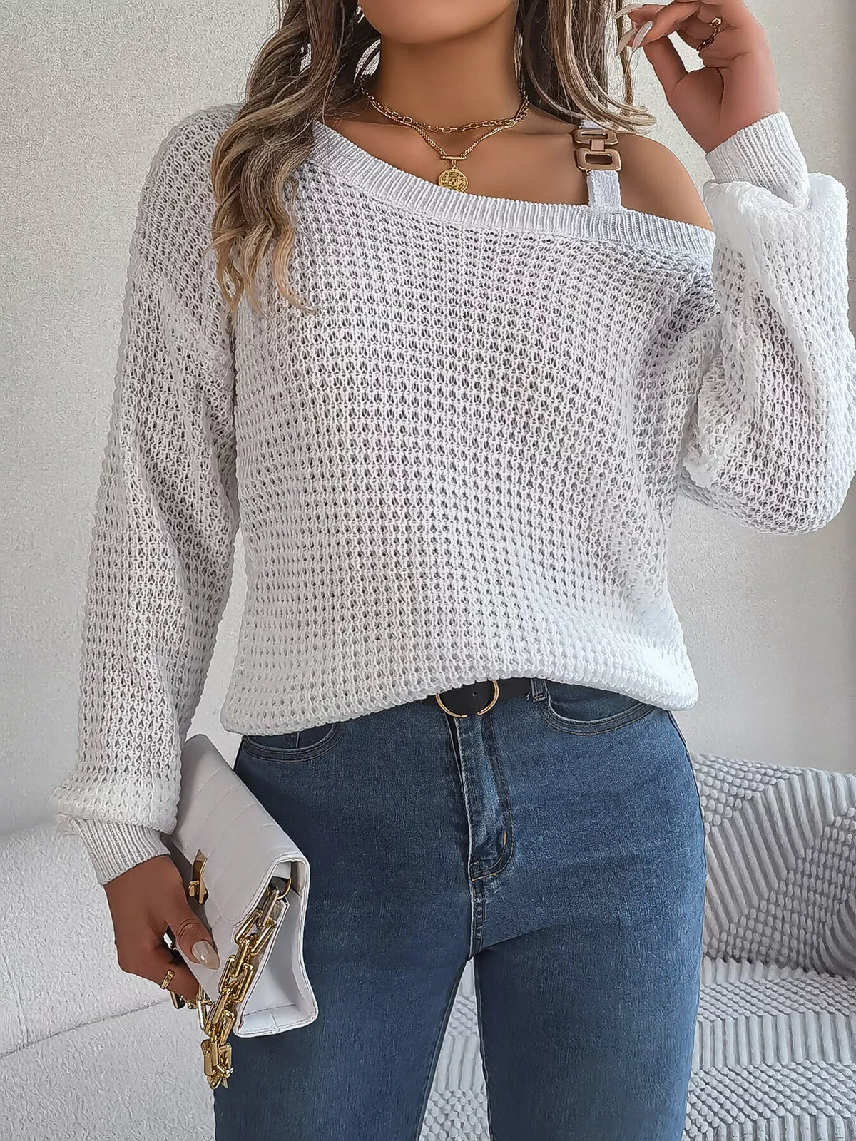 Asymmetrical Neck Long Sleeve Sweater